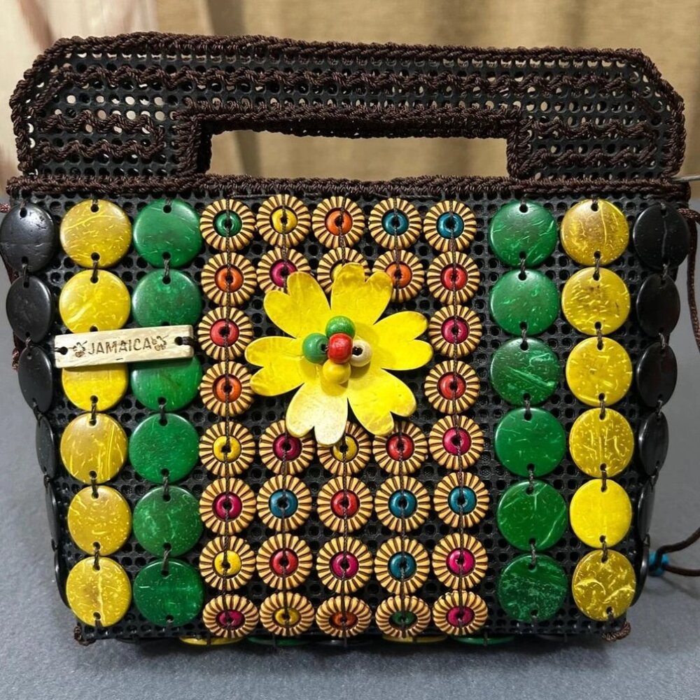 Handmade Jamaica Coconut Shell Beaded Shoulder/Crossbody Handbag Zip
